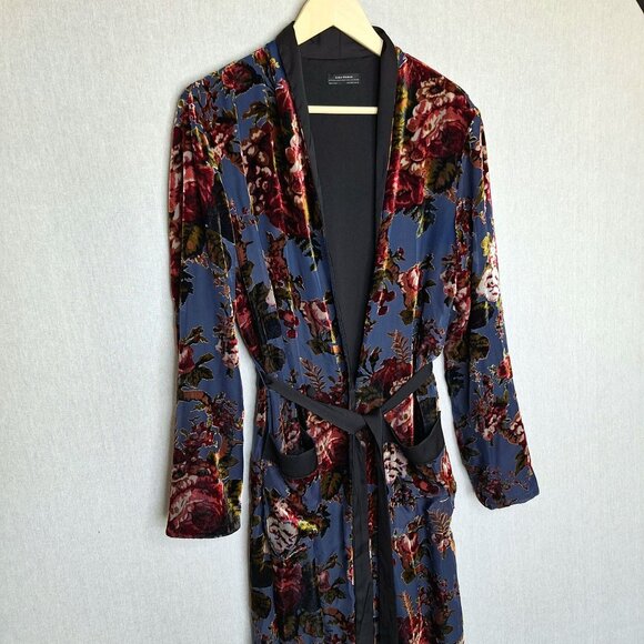 💙 Zara Burnt Velvet Floral Belted Pockets Kimono Coat Size S/M Preppy Chic Arts - Picture 6 of 8